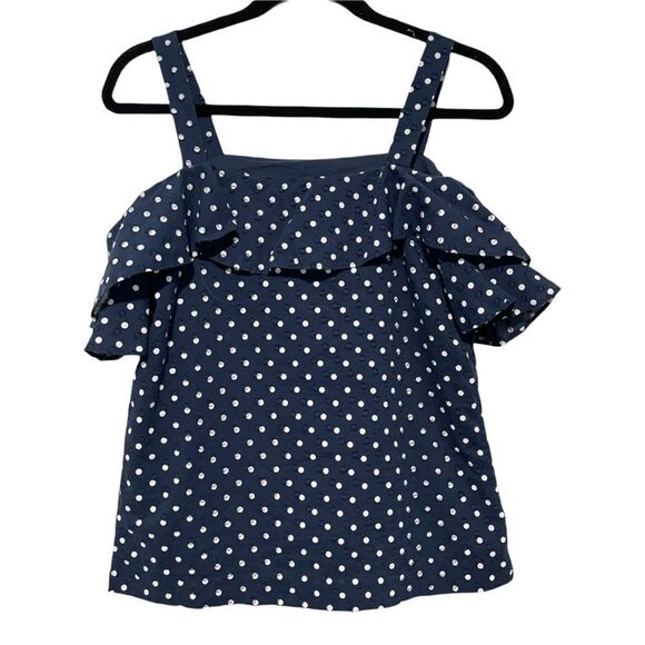 𝅺J. Crew Off Shoulder Short Ruffle Sleeve Blouse Navy White‎ Size 2 Tall - Picture 3 of 6